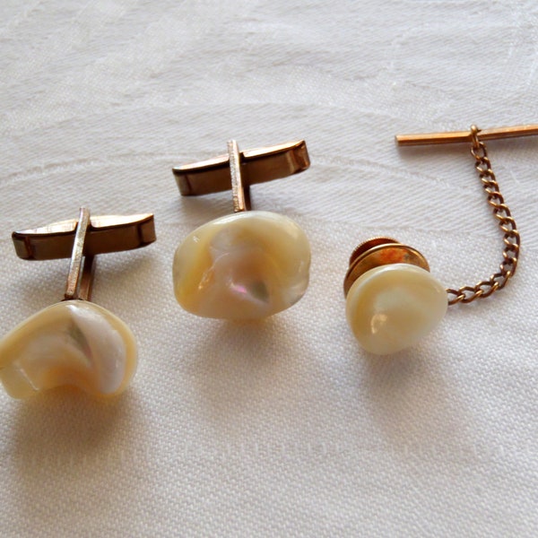 Vintage Mother of Pearl Cuff Link and Tie Tack Set