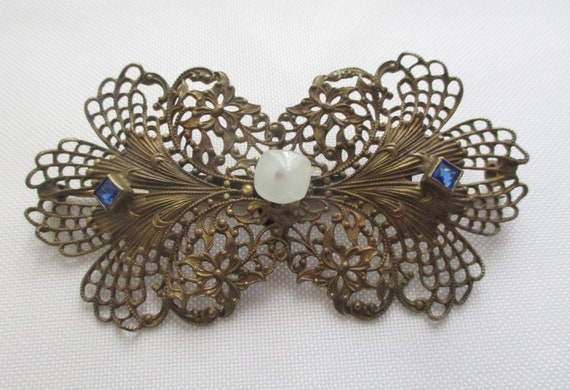 Vintage Filigree Brooch White and Blue Stones - image 8