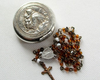 Vintage St, Anthony Rosary Case with Miniature Glass Bead Rosary