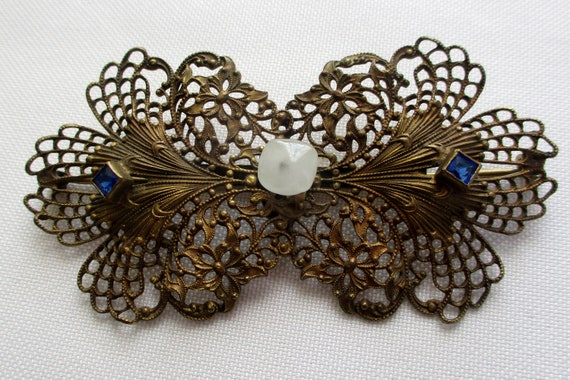 Vintage Filigree Brooch White and Blue Stones - image 5