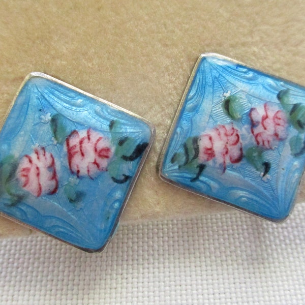 Vintage Blue Guilloche Enamel Earrings Sterling Silver Floral Screw Backs