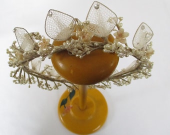 Vintage Bridal Headpiece Wax Flowers Net Leaves Wrapped Band