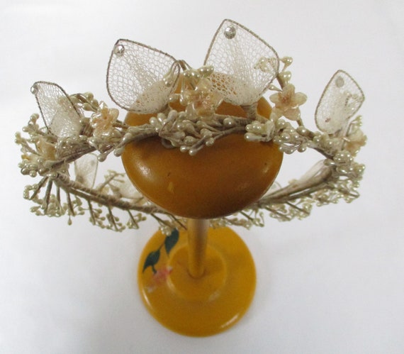 Vintage Bridal Headpiece Wax Flowers Net Leaves W… - image 1