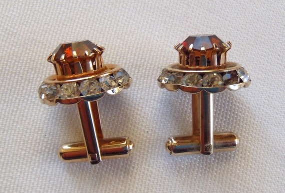 Vintage Cuff Links Topaz and Clear Rhinestones Go… - image 5