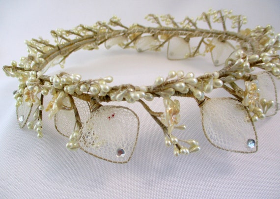 Vintage Bridal Headpiece Wax Flowers Net Leaves W… - image 10