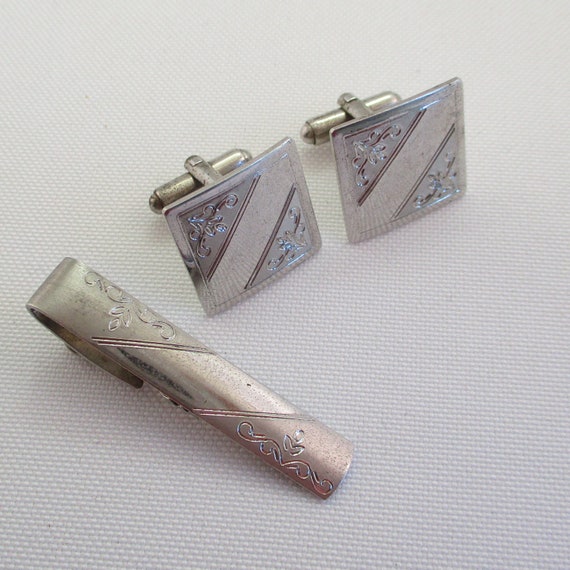Boutons De Manchette Vintage Lamode Argent Sterling – Gravables, Avec Clip Cravate