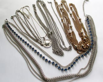 Vintage Costume Jewelry Lot of 5 Silver and Gold Tone Necklaces for Repair or Repurposing