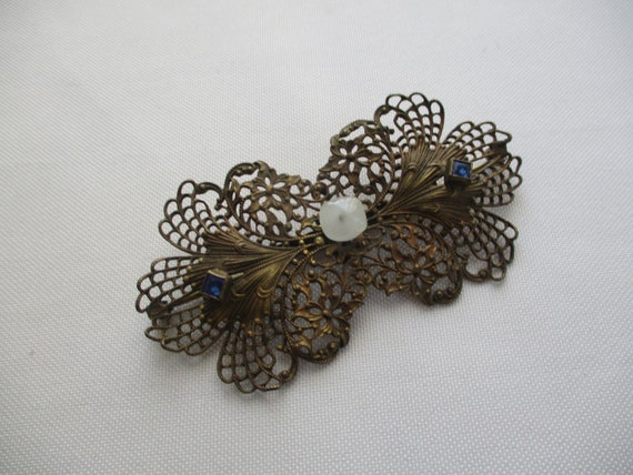 Vintage Filigree Brooch White and Blue Stones - image 4