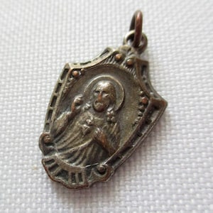 Vintage Medal Pendant Our Lady of Mt. Carmel and Sacred Heart Shield Shaped