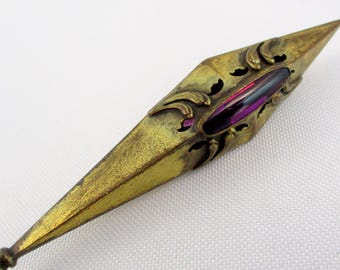 Vintage Tapered Triangular Engraved Hat Pin with Amethyst Glass Stones