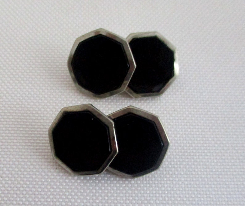 Vintage Cuff Links Silver Tone Black Octagonal image 2