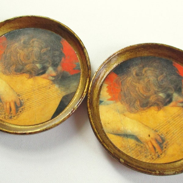 Vintage Coasters Italian Florentine Design Angel Playing a Lute Detail by Rosso Fiorentino Set of 2