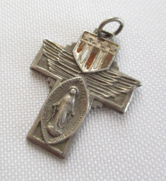 Vintage Sterling Silver Patriotic Cross with Wings and the Miraculous Medal