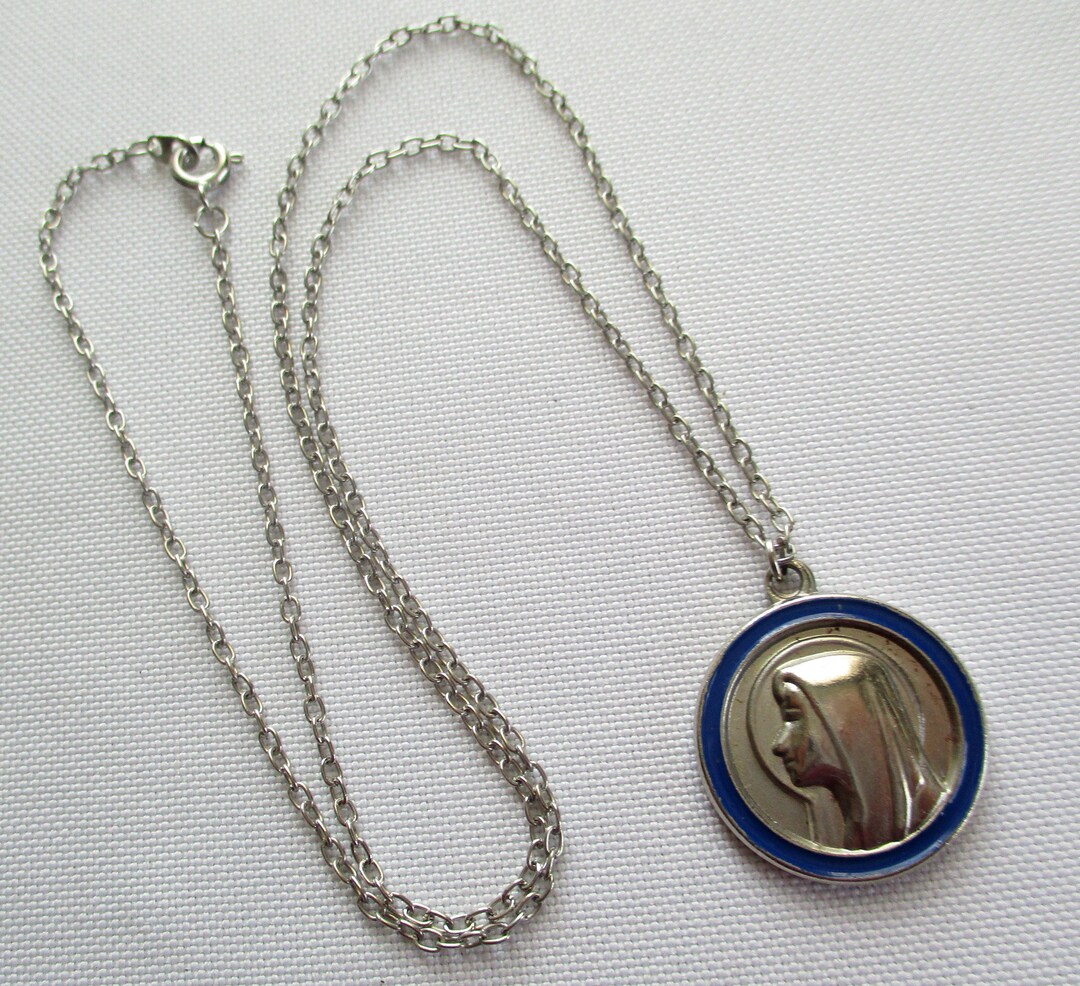 Vintage Our Lady of Lourdes Blue Enamel Medal Necklace - Etsy