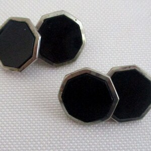 Vintage Cuff Links Silver Tone Black Octagonal image 1