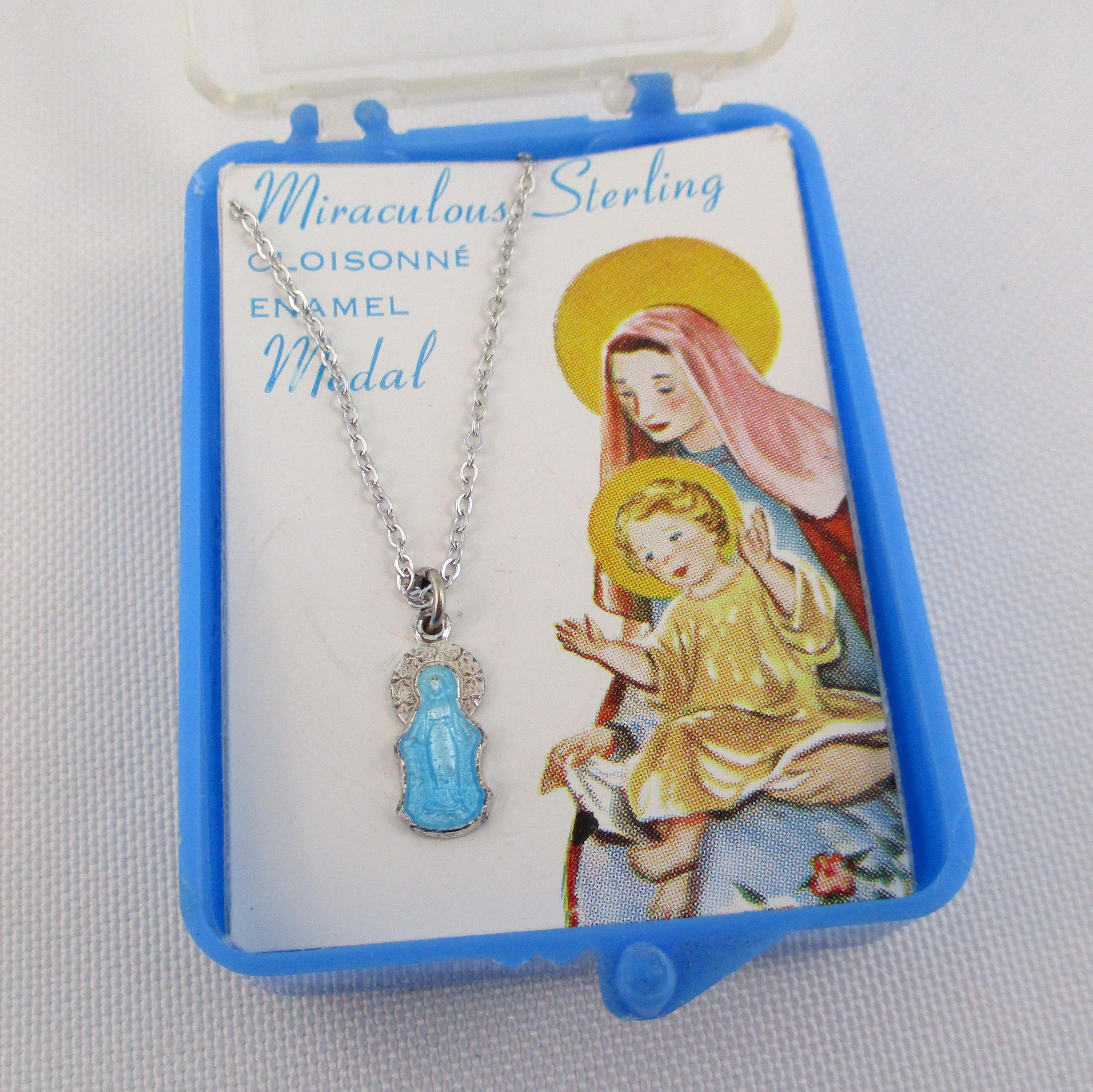 Vintage Blue Enamel Sterling Miraculous Medal Pendant Necklace Silver ...
