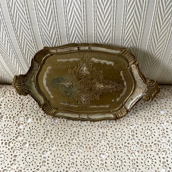 Vintage Handled Florentine Tole Tray Gold and Green Design