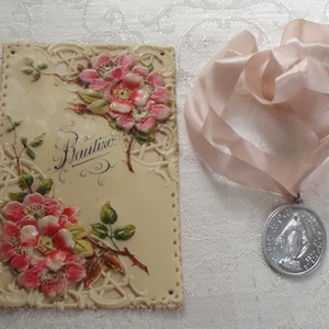 Vintage Christening Medal Miraculous Medal Pink Ribbon and Spanish Baptism Folder