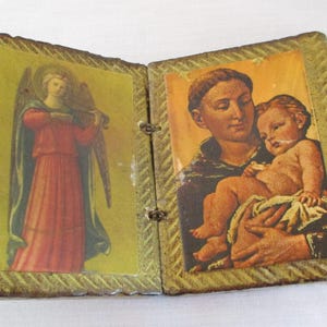 Vintage Florentine Tole Diptych Folding Frame with Religious Prints