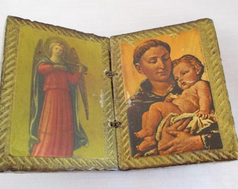 Vintage Florentine Tole Diptych Folding Frame with Religious Prints