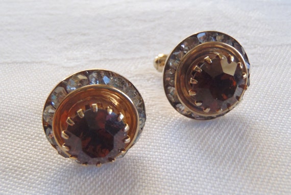 Vintage Cuff Links Topaz and Clear Rhinestones Go… - image 4
