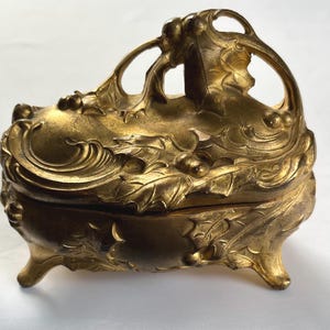 Vintage Art Nouveau Holly Gilt Metal Jewel Casket