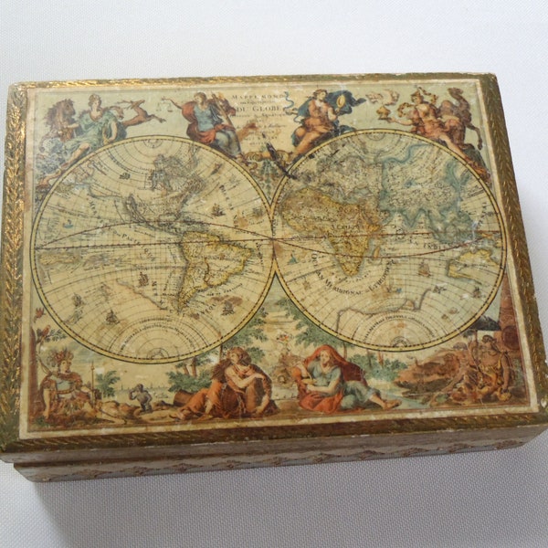Vintage Florentine Tole Jewelry Box Map of the World Print Made in Italy