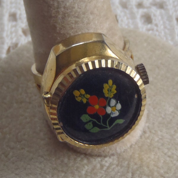 Vintage Watch Ring Gold Tone Floral Design Hudson 17 Jewels Swiss Made