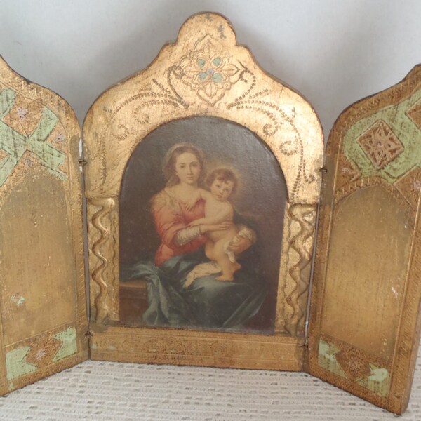 Vintage Triptych Italian Florentine Gilt Murillo Madonna and Child