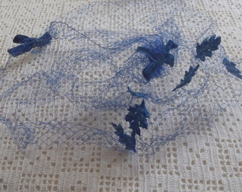 Vintage Hat Blue Flowers and Leaves Netting