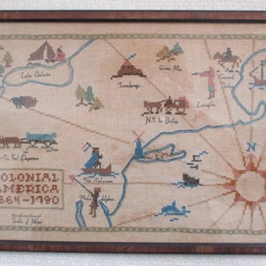 Vintage Framed Embroidered Map of Colonial America 1930s