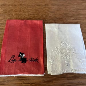 May include: A red rectangular fabric case with the word Lipstick embroidered in black script alongside a small black dog figure, paired with a white rectangular fabric piece featuring intricate white thread embroidery in a diamond pattern.
