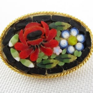 Vintage Oval Mosaic Brooch Floral Design