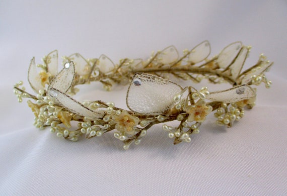 Vintage Bridal Headpiece Wax Flowers Net Leaves W… - image 5