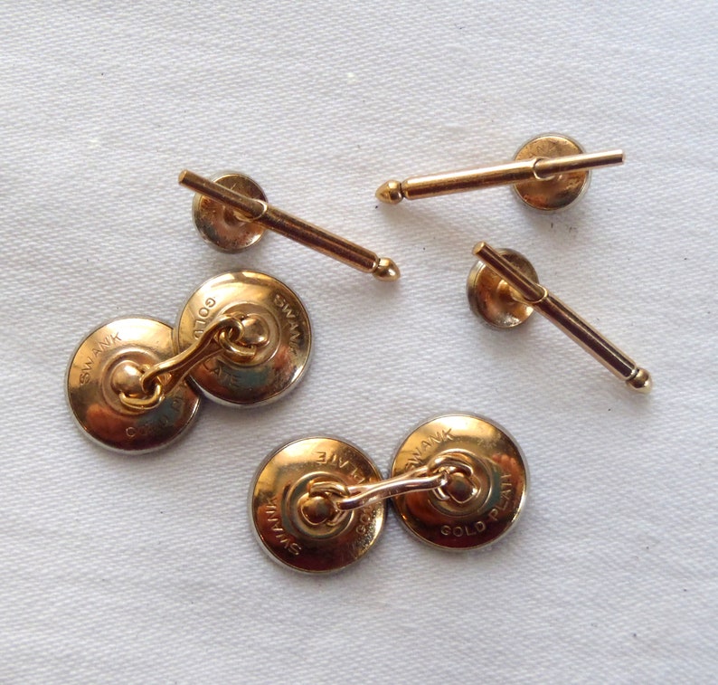 Vintage Swank Gold Plate Cuff Link Shirt Stud Tuxedo Set Mother of Pearl Abalone