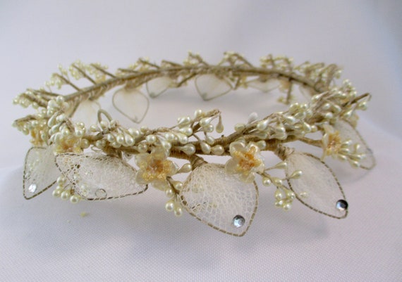 Vintage Bridal Headpiece Wax Flowers Net Leaves W… - image 8