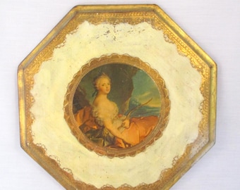 Vintage Octagonal Florentine Tole Wall Hanging Plaque Detail from Jean-Marc Nattier's Diana