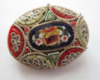 Vintage Italian Oval Mosaic Brooch Blue and Red Floral Design