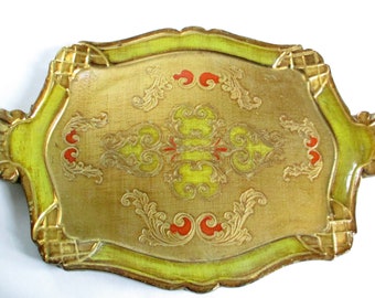 Vintage Handled Florentine Tole Tray Gold and Green Design