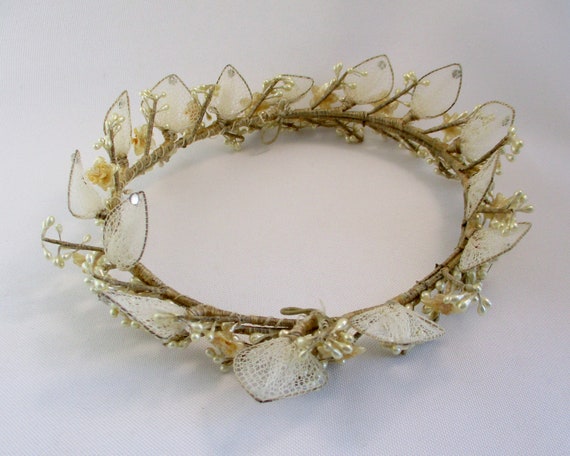 Vintage Bridal Headpiece Wax Flowers Net Leaves W… - image 6