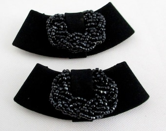 Vintage Curved Black Fabric Glass Beaded Shoe Clips