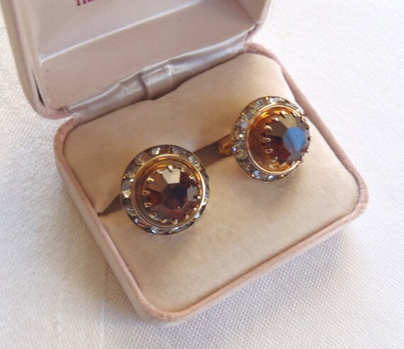 Vintage Cuff Links Topaz and Clear Rhinestones Go… - image 1