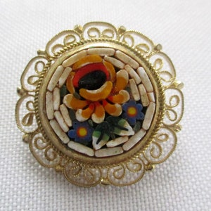 Vintage Italian Mosaic Filigree Brooch Flower Design