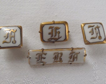 Vintage Brooches and Cuff Link Set Gilt Edge Porcelain Initial Monograms