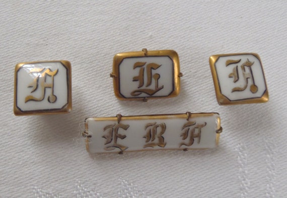 Vintage Brooches and Cuff Link Set Gilt Edge Porcelain Initial Monograms