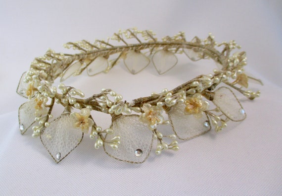 Vintage Bridal Headpiece Wax Flowers Net Leaves W… - image 9