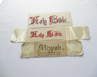 Vintage Victorian Group of 3 Perforated Paper Needlework Holy Bible and Mizpah Bookmarks