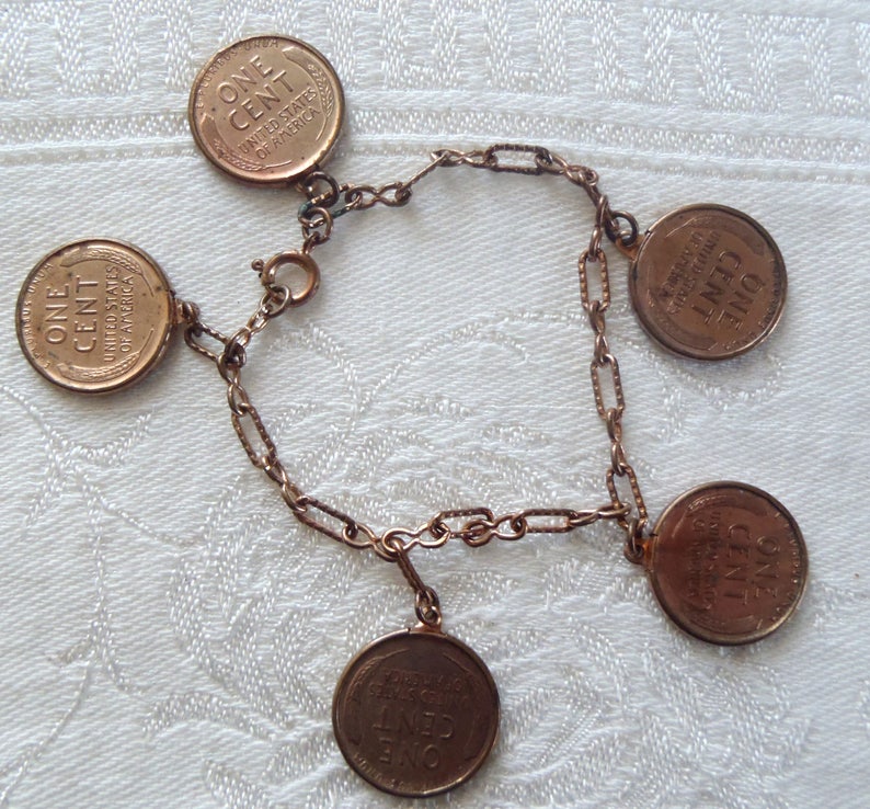 Vintage Coin Charm Bracelet Copper Lincoln Pennies 1936 Etsy