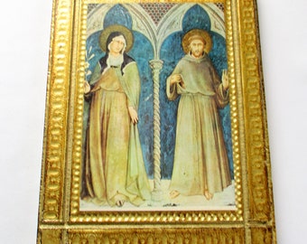 Vintage Plaque Florentine Tole Wall Plaque St. Clare and St. Francis of Assisi