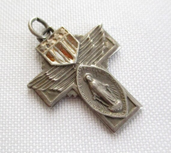 Vintage Sterling Silver Patriotic Cross with Wings and the Miraculous Medal View 2